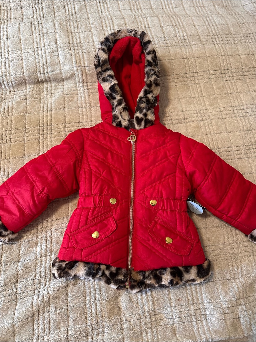 okie dokie Toddlers Red Quilted Hooded Puffer with Leopard Trim